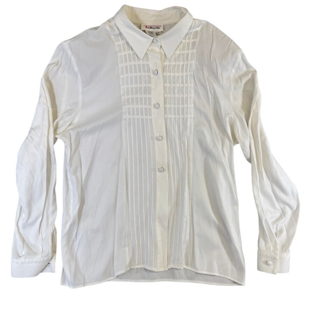 Talbots Vintage White Pleated Tuxedo Bib Blouse Long Sleeve Button Down Size 16
